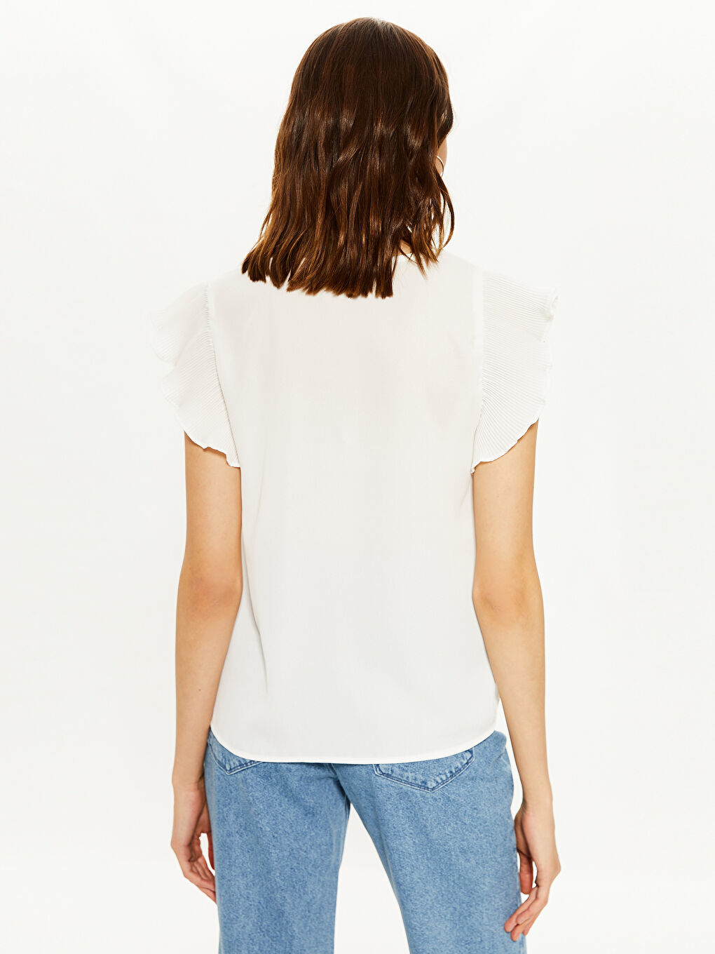 Ekru V Yaka Kısa Kollu Krep Kadın Bluz-4