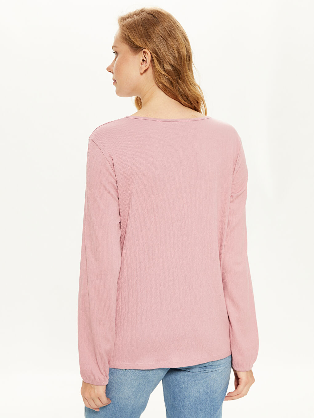 Lila Bağlamalı Yaka Uzun Kollu Kadın Tişört-3