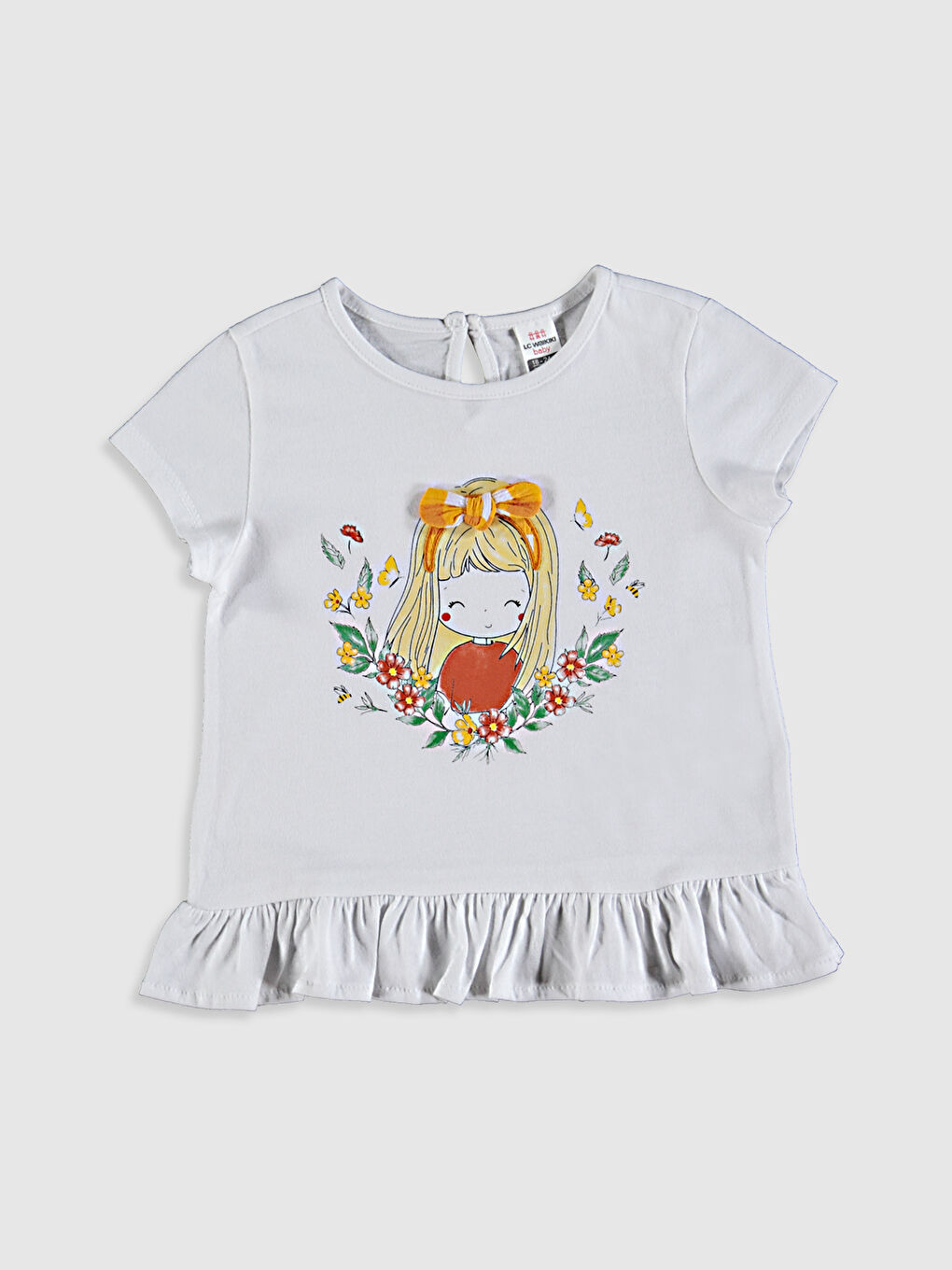 Beyaz Bisiklet Yaka Kısa Kollu Kız Bebek Tişört