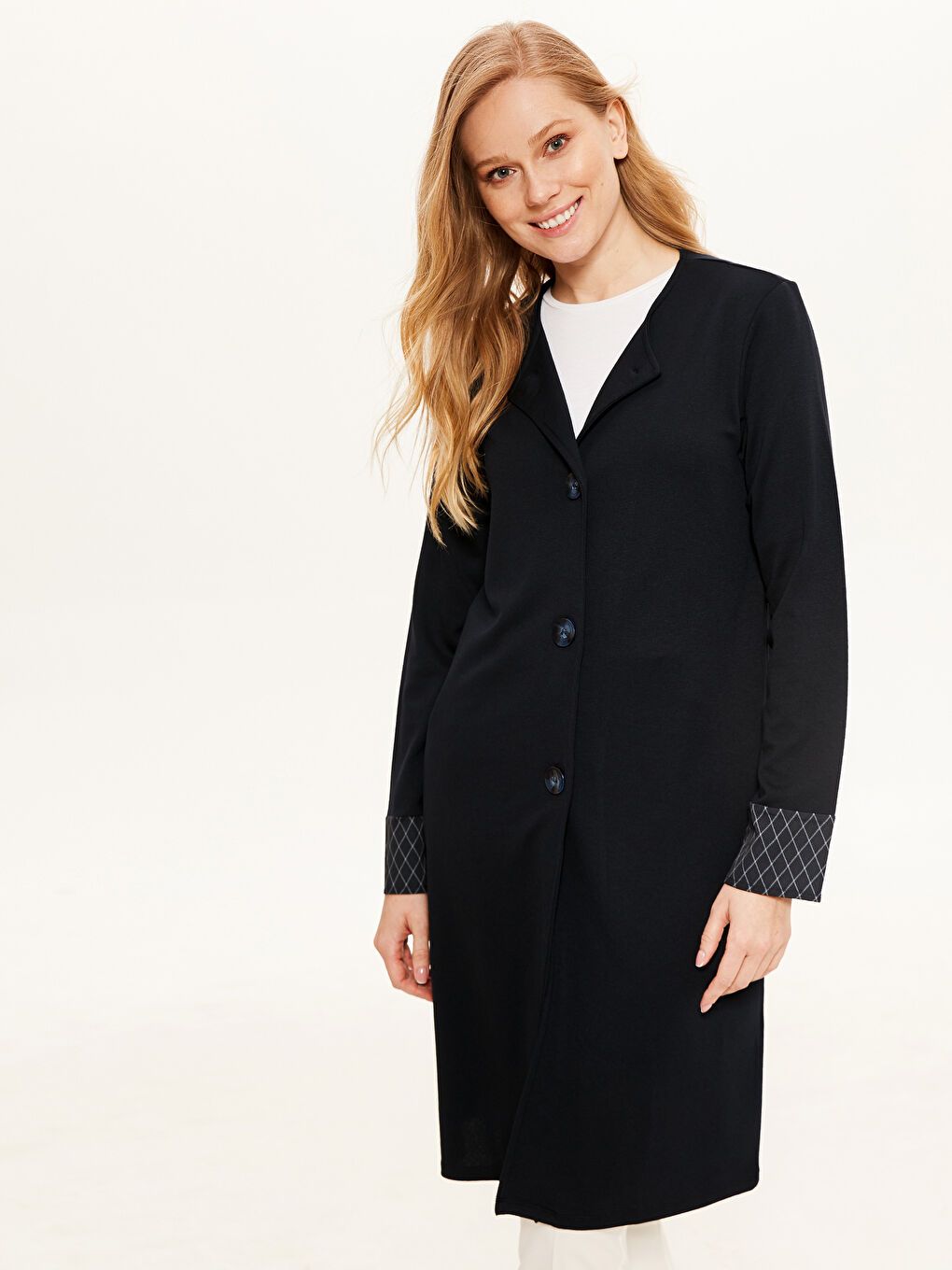 Lacivert Bisiklet Yaka Uzun Kollu Kadın Hırka