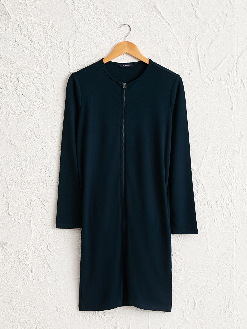 Lacivert Bisiklet Yaka Uzun Kollu Kadın Düz Fermuarlı Hırka