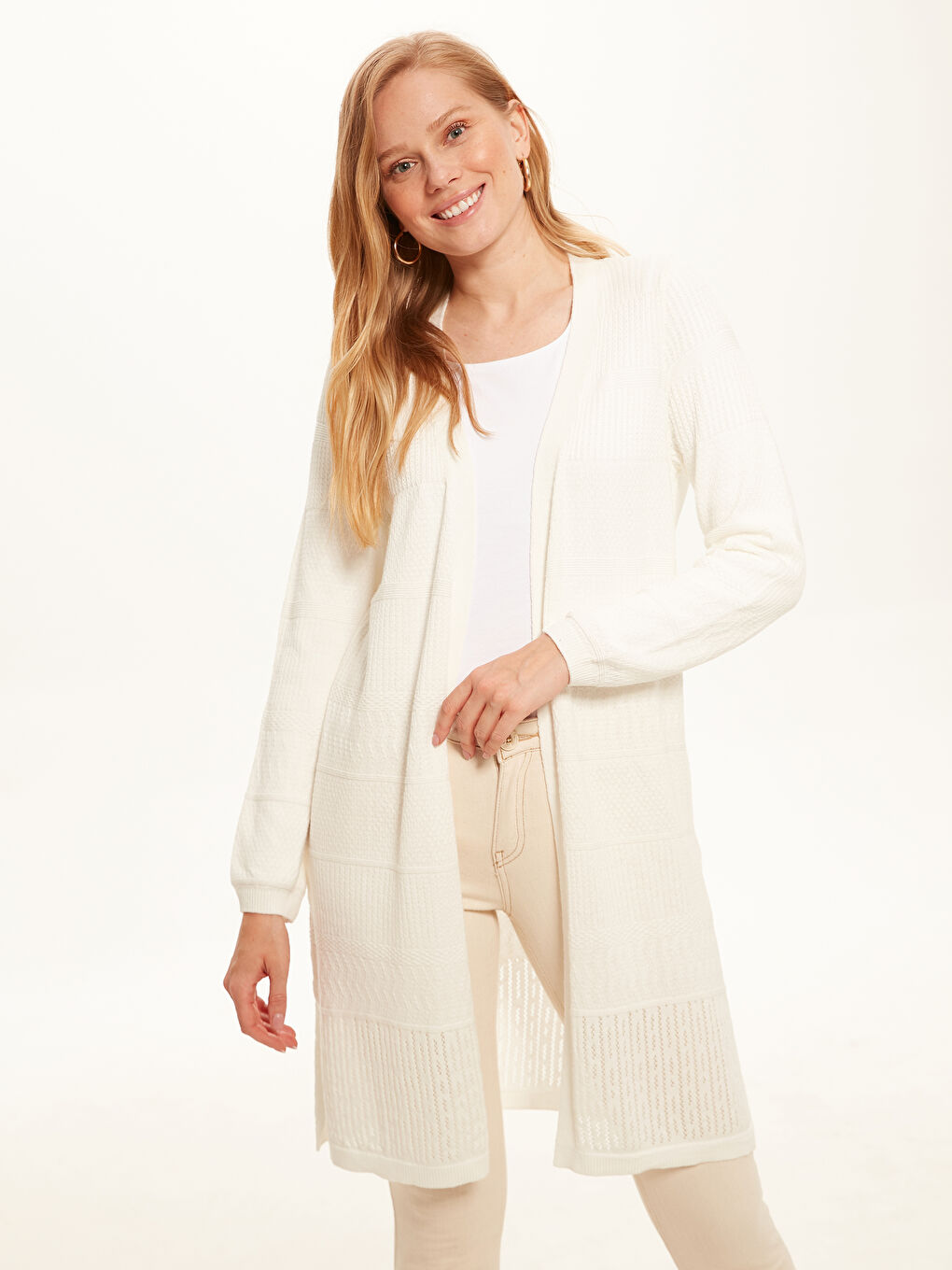 Ekru Uzun Kollu Kadın Hırka