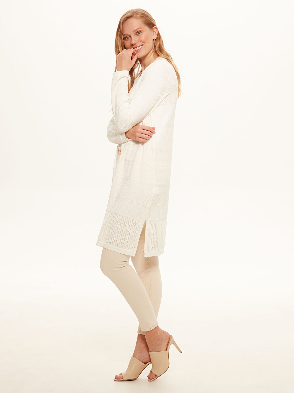 Ekru Uzun Kollu Kadın Hırka-1