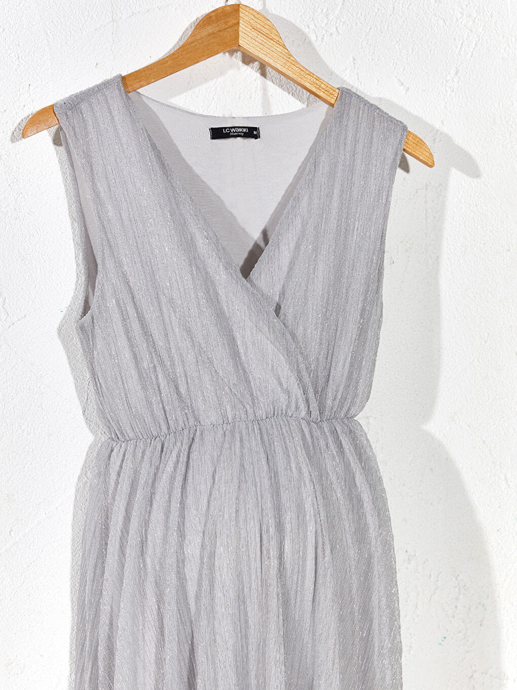 Gri Işıltılı Kruvaze Yaka Hamile Elbise-2