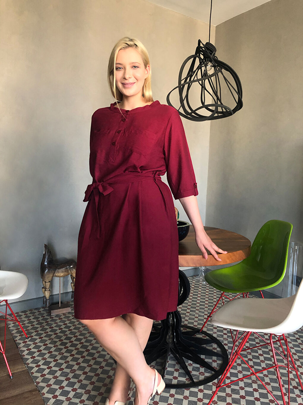 Bordo Kemerli Kadın Elbise