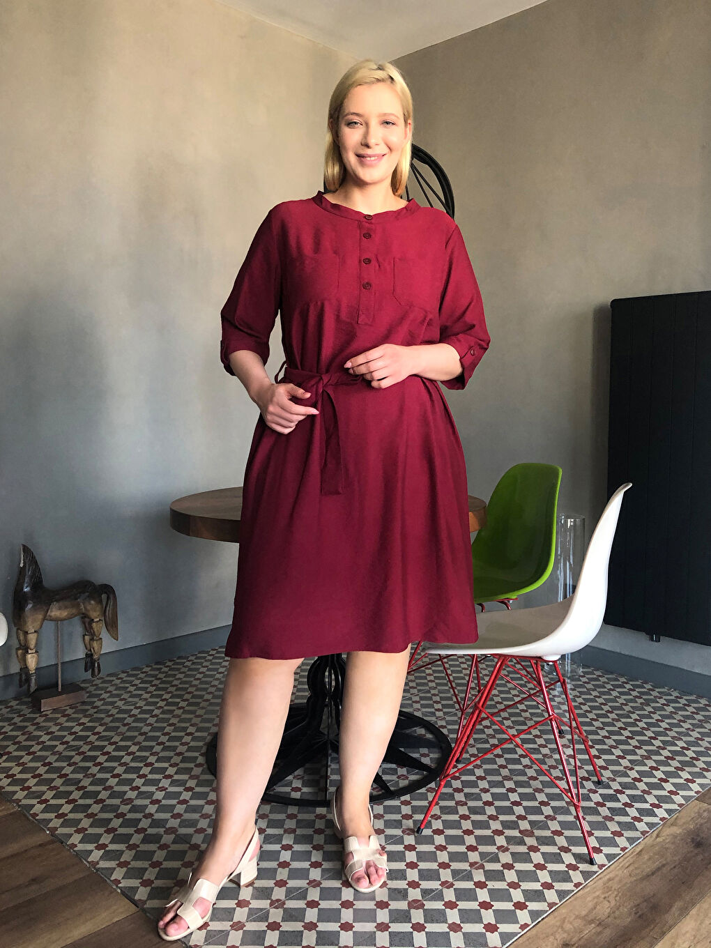 Bordo Kemerli Kadın Elbise-2