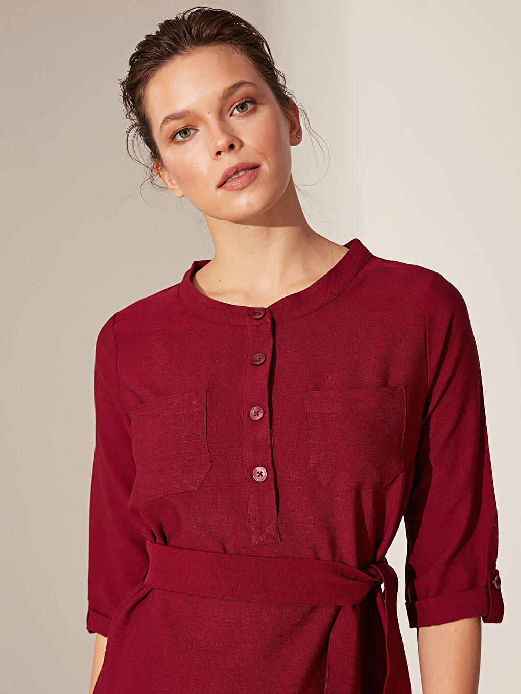 Bordo Kemerli Kadın Elbise-5