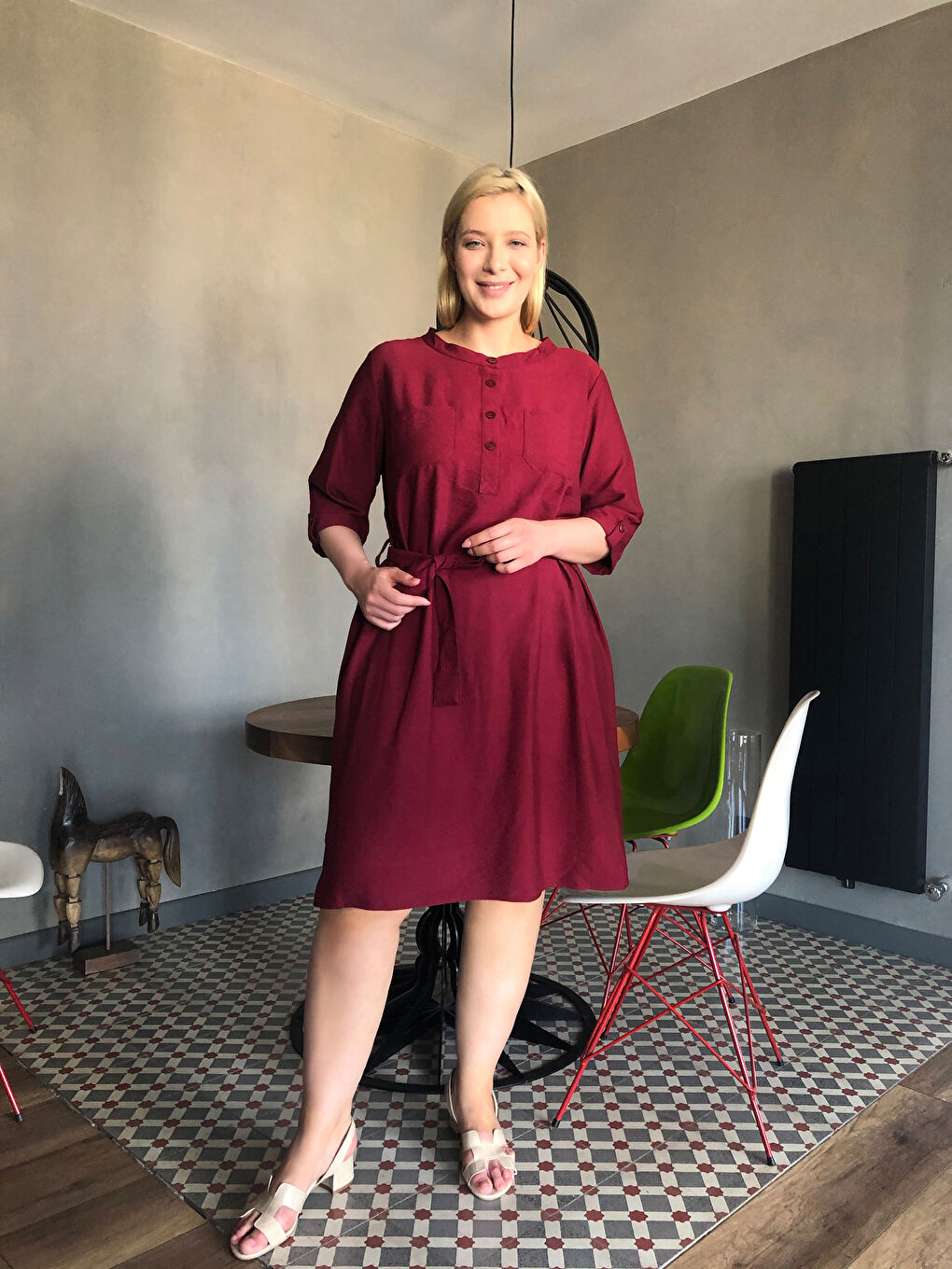 Bordo Kemerli Kadın Elbise-6