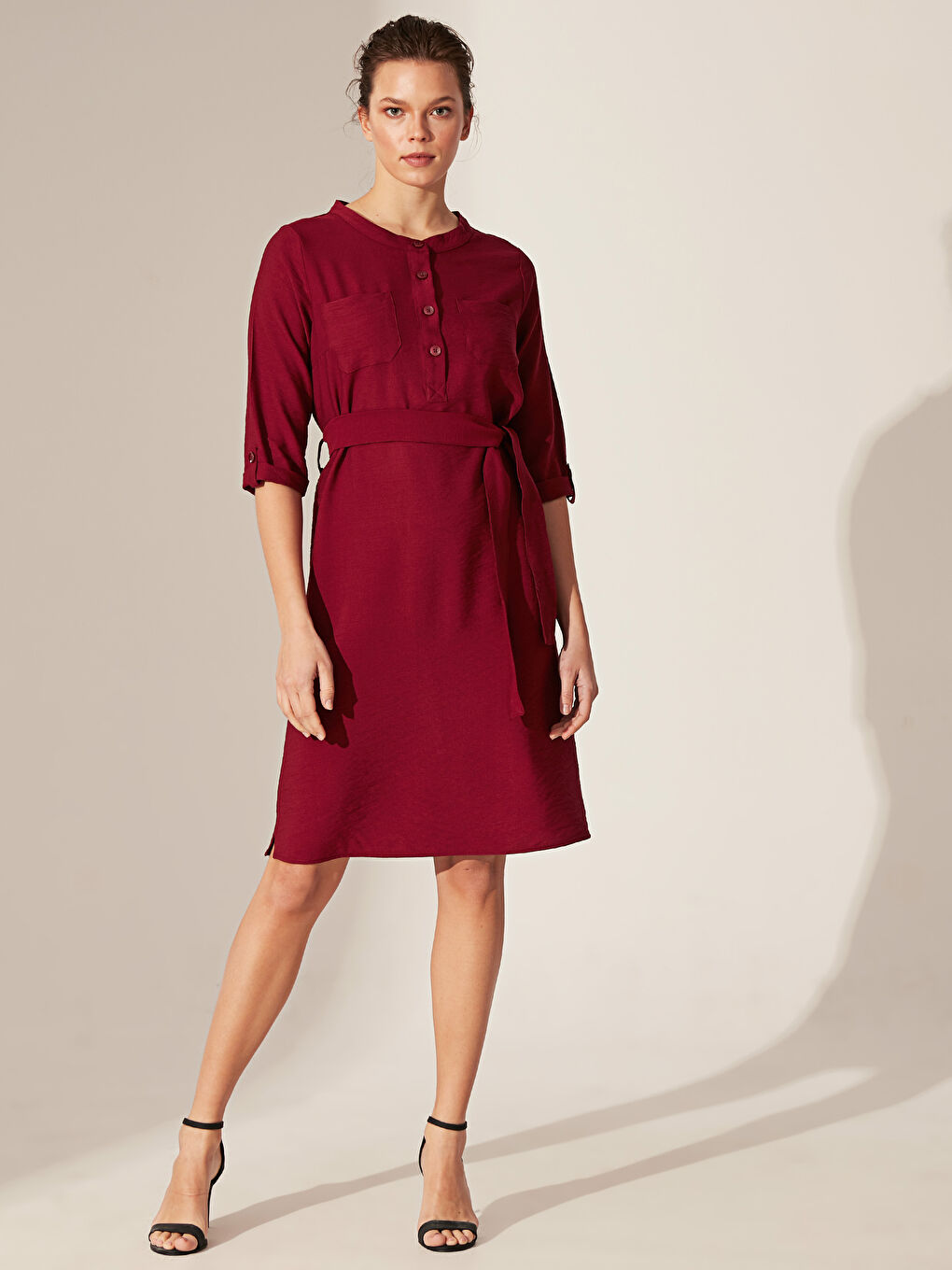 Bordo Kemerli Kadın Elbise-1