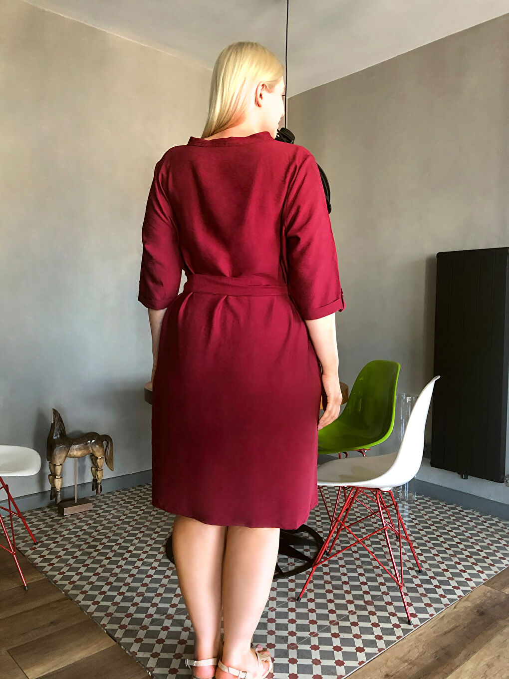 Bordo Kemerli Kadın Elbise-3