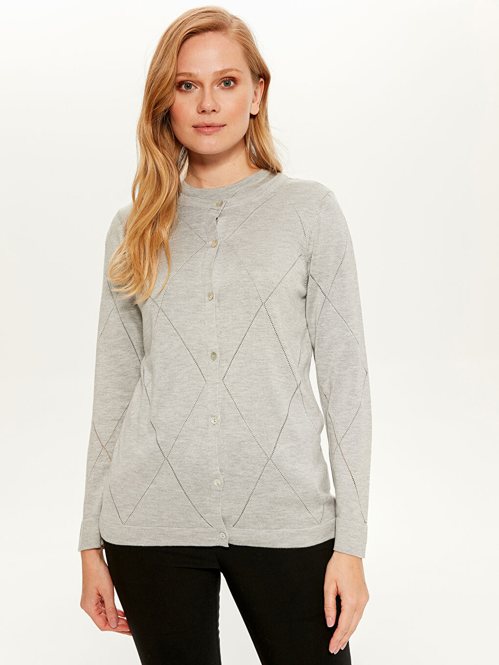 Gri Bisiklet Yaka Uzun Kollu Kadın Hırka-1