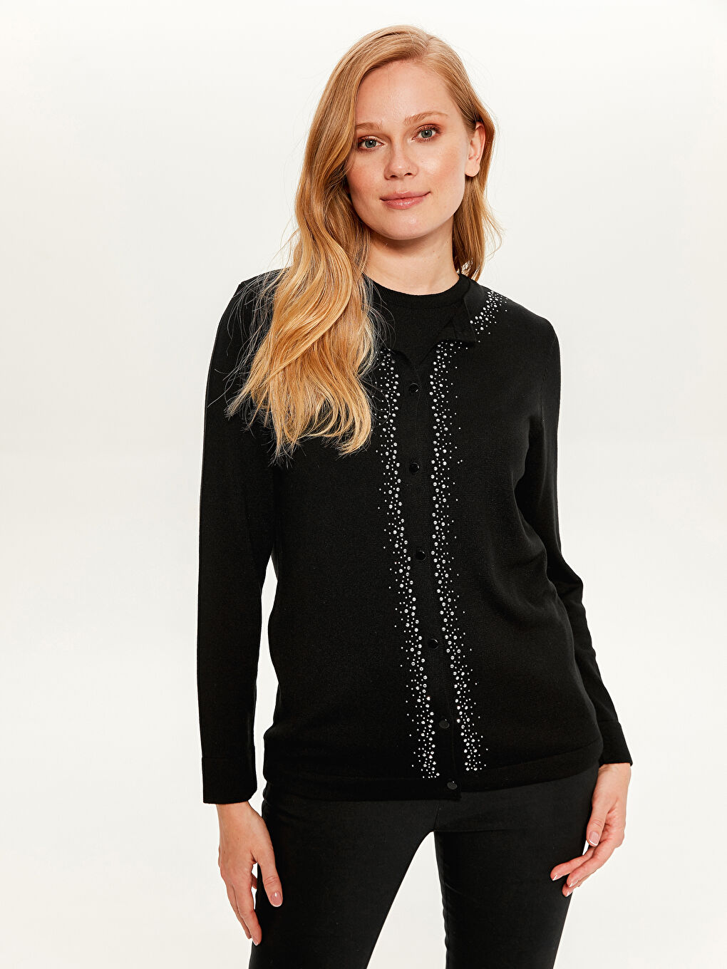 كارديجان كم طويل بياقة دائرية للسيدات