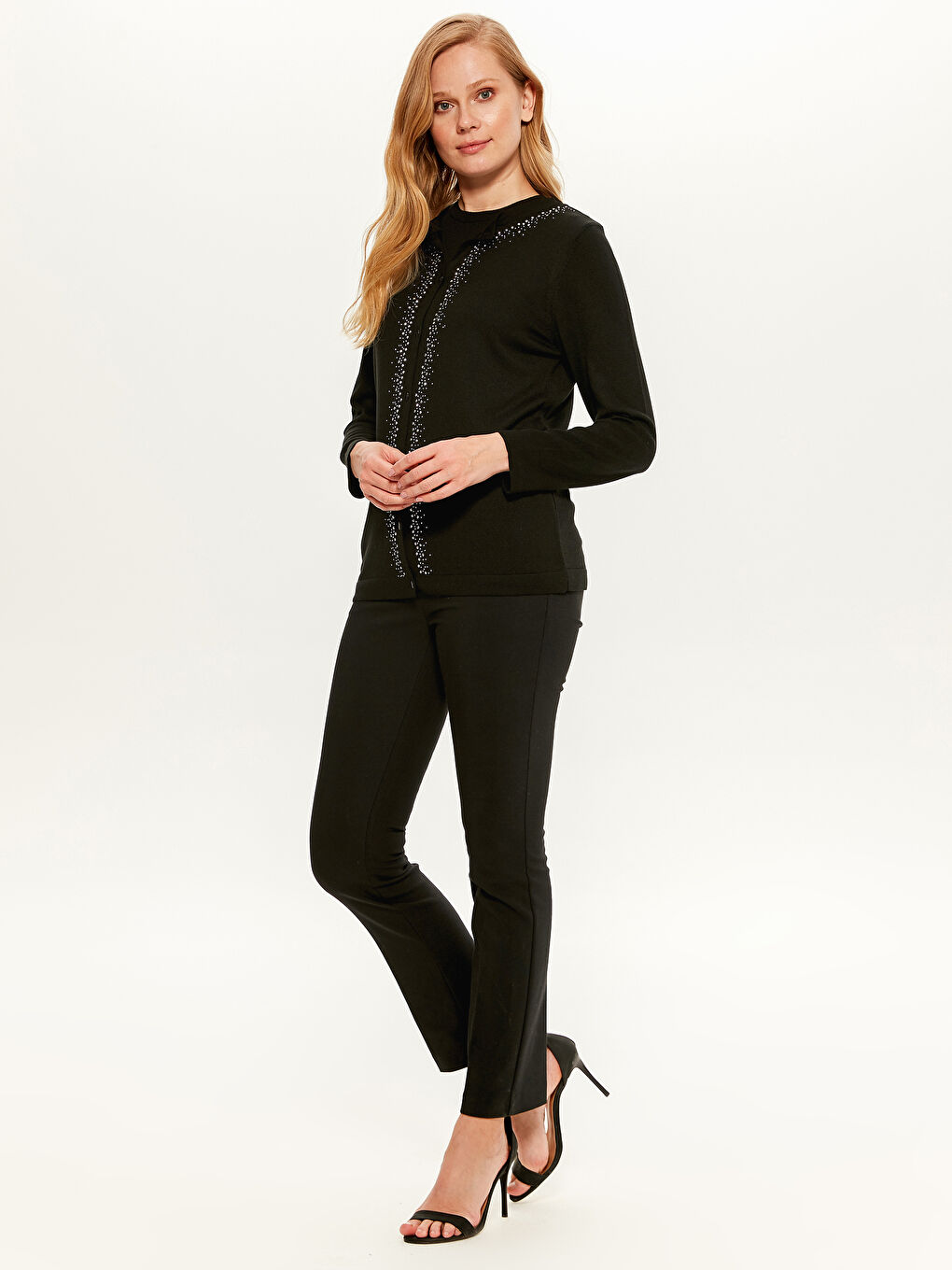 كارديجان كم طويل بياقة دائرية للسيدات-3