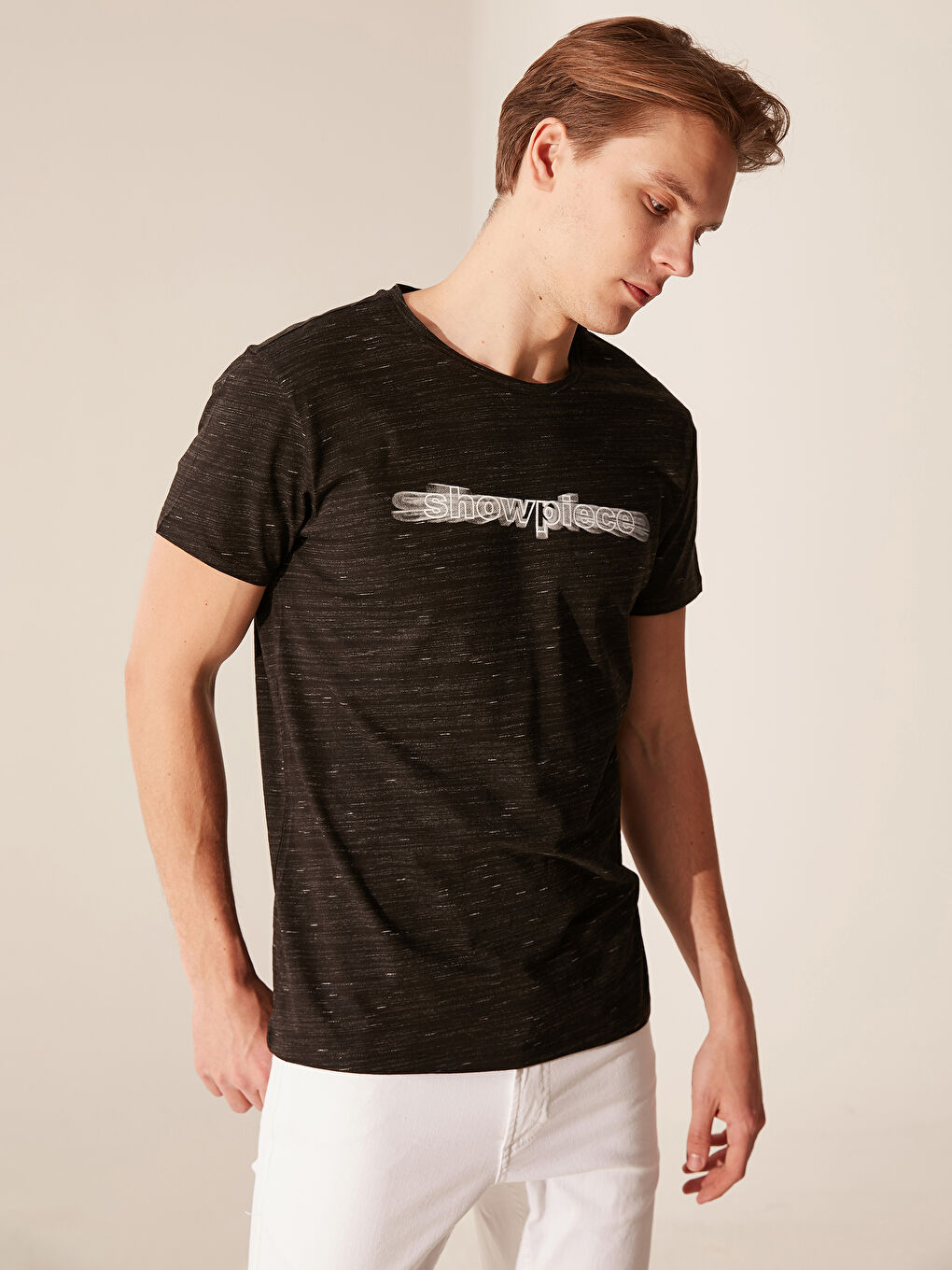 Siyah Bisiklet Yaka Penye Erkek Tişört-1