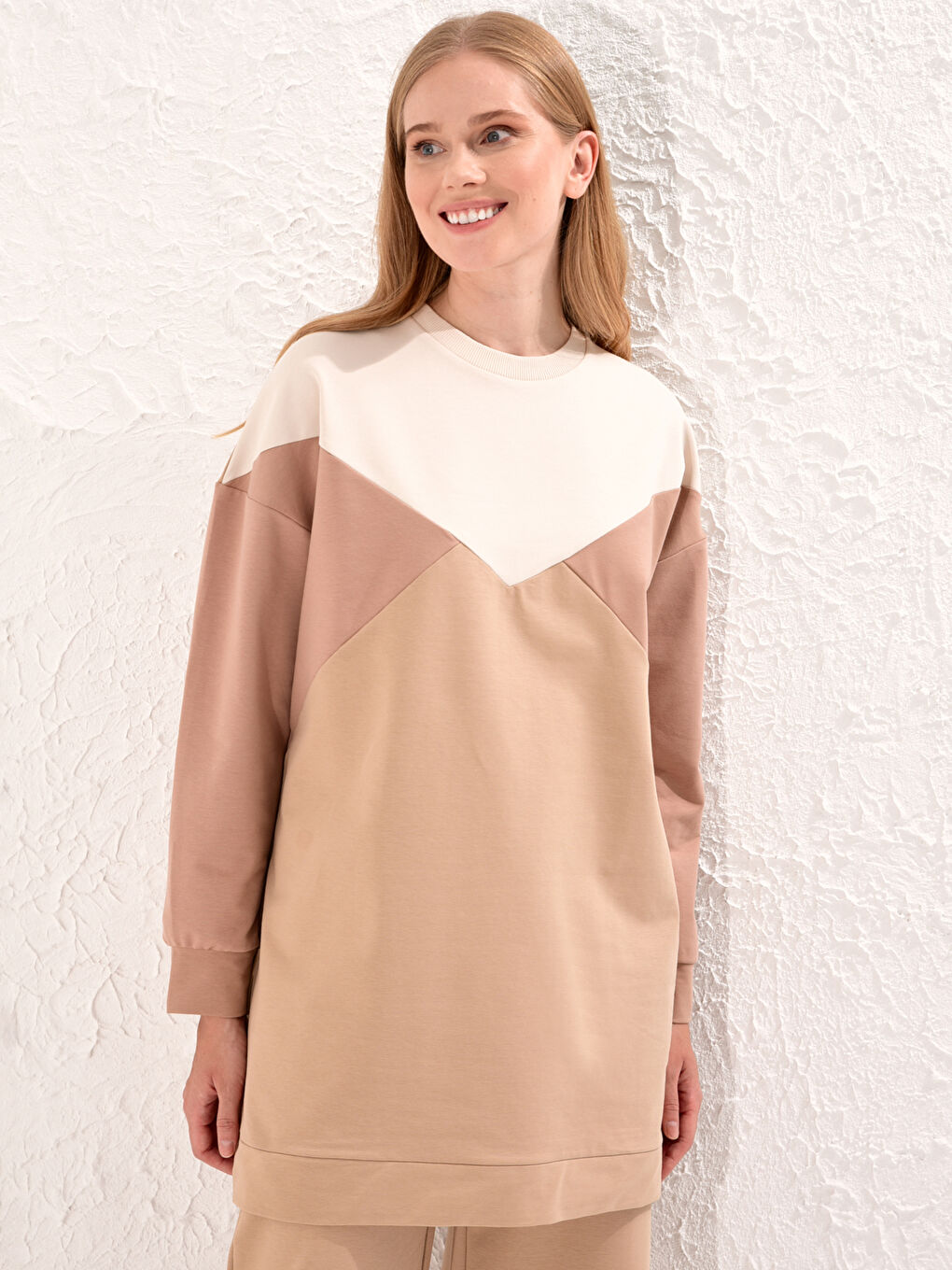 Bej Renk Bloklu Sweatshirt-2