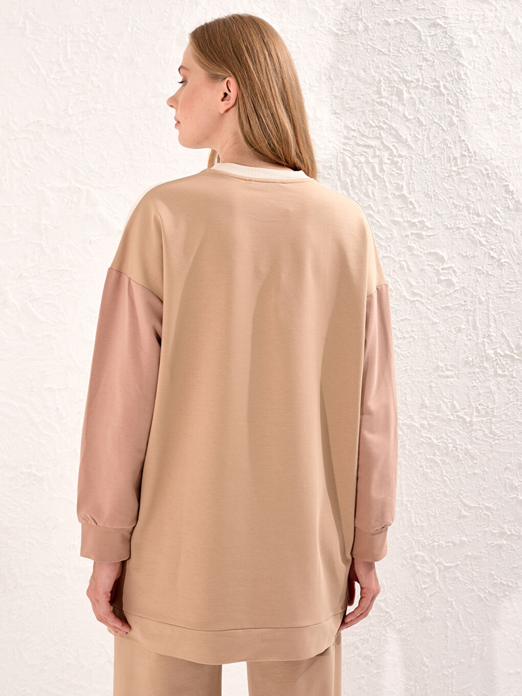 Bej Renk Bloklu Sweatshirt-3