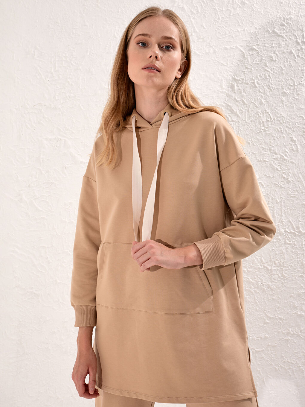 Bej Kapüşonlu Salaş Sweatshirt-2