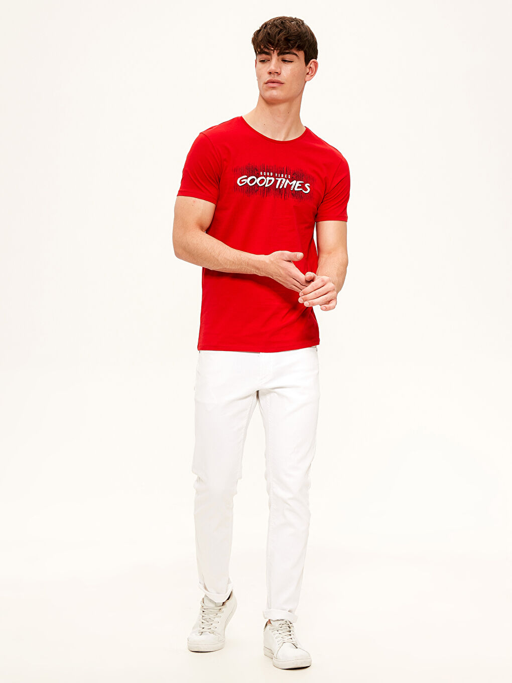 Kırmızı Bisiklet Yaka Baskılı Penye Tişört-3