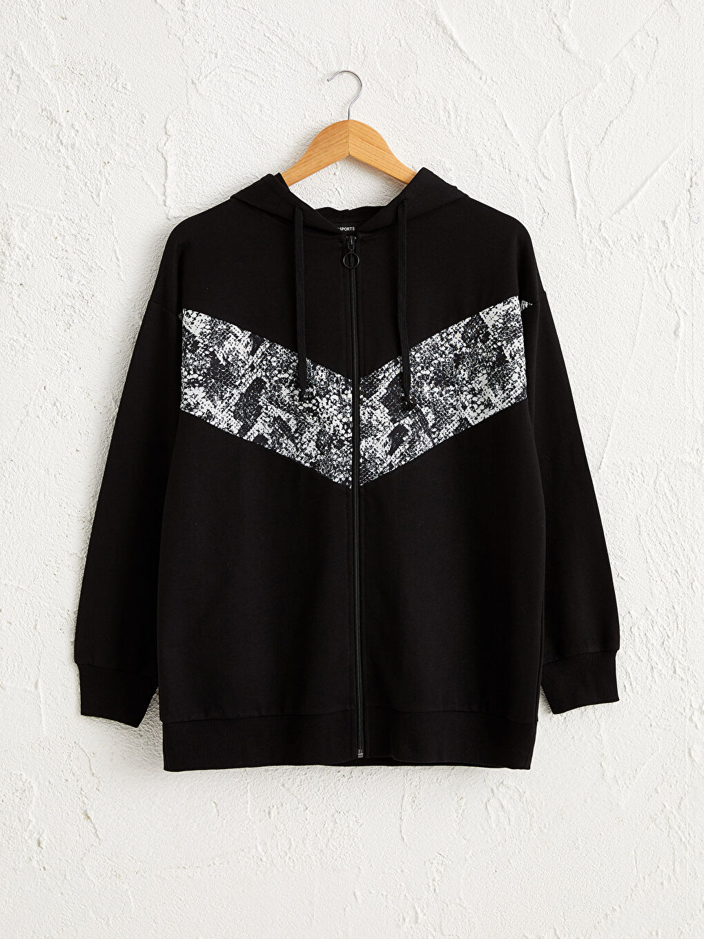 Siyah Kapüşonlu Uzun Kollu Sweatshirt Kumaşı Kadın Spor Hırka