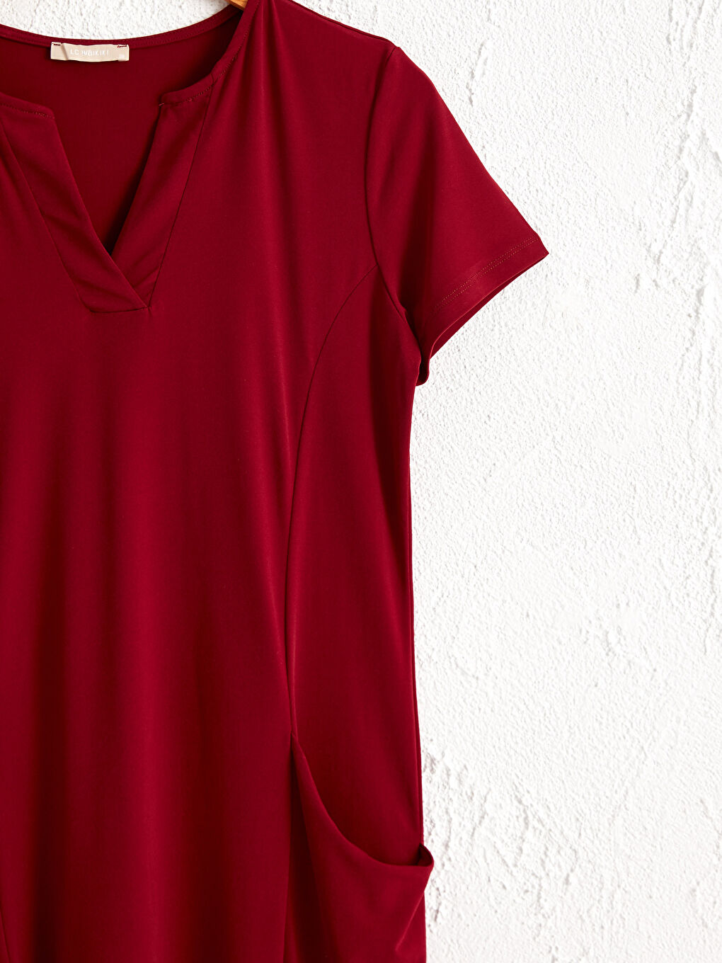 Kırmızı V Yaka Kısa Kollu Kadın Elbise-3