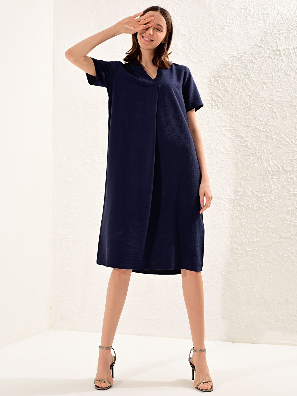 Lacivert Kısa Kollu Kadın Elbise-1