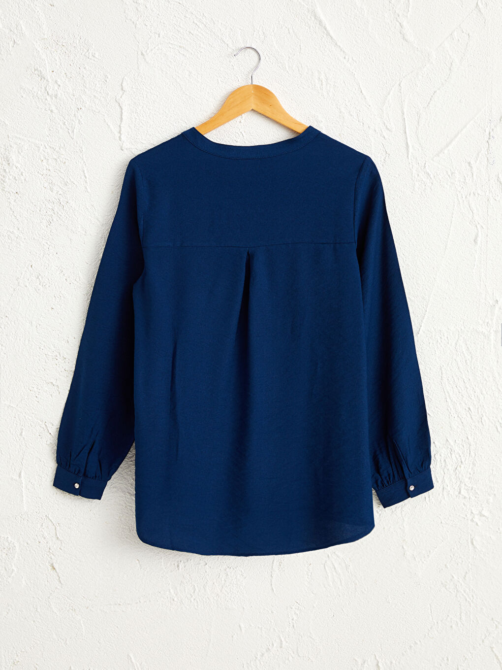 Lacivert Uzun Kollu Kadın Düz Viskon Bluz-1