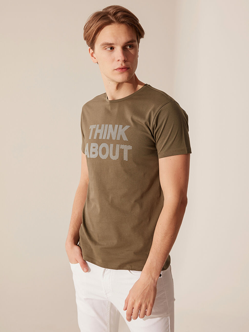 Haki Bisiklet Yaka Penye Erkek Tişört-1