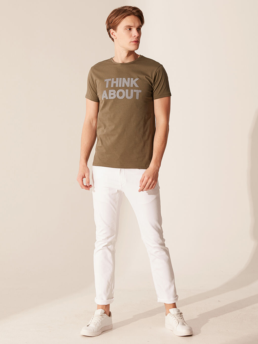 Haki Bisiklet Yaka Penye Erkek Tişört-3