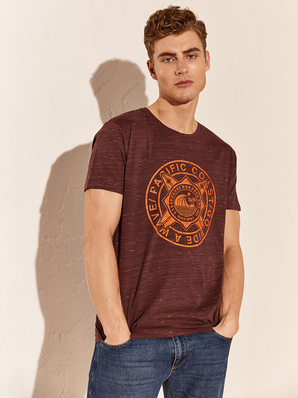 Bordo Bisiklet Yaka Penye Erkek Tişört