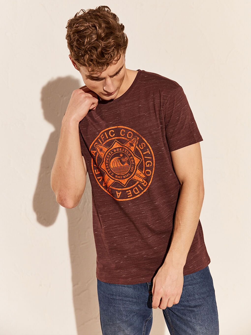 Bordo Bisiklet Yaka Penye Erkek Tişört-1