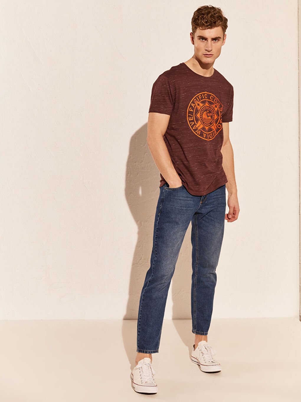 Bordo Bisiklet Yaka Penye Erkek Tişört-3