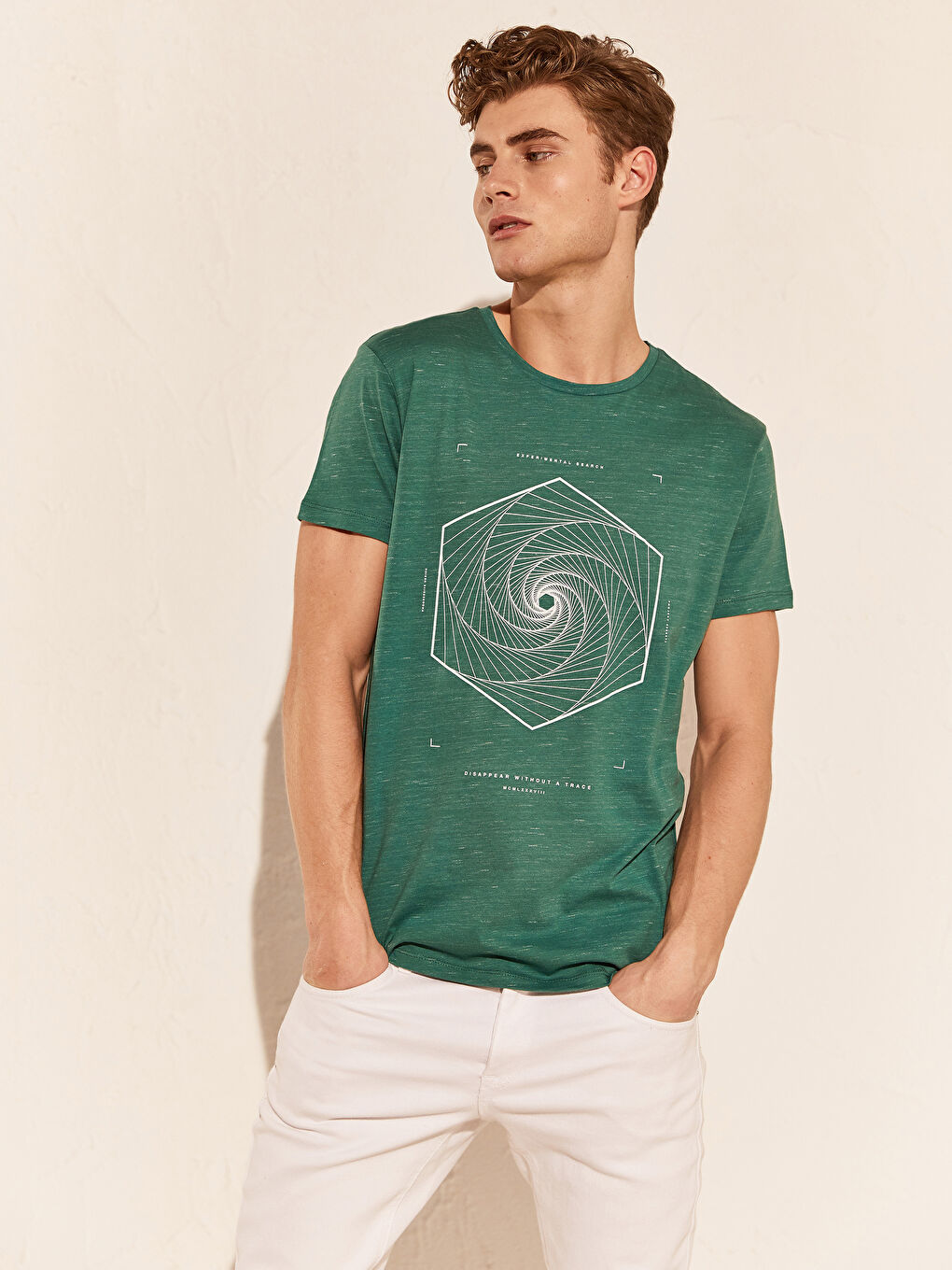 Yeşil Bisiklet Yaka Penye Erkek Tişört-1