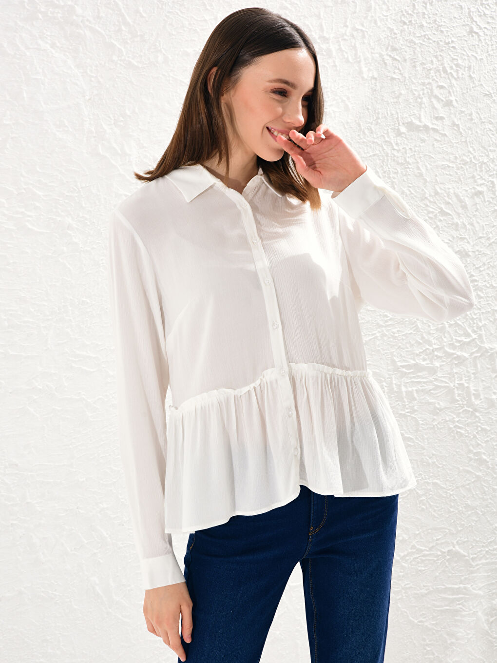 Ekru Uzun Kollu Viskon Kadın Düz Viskon Gömlek-1