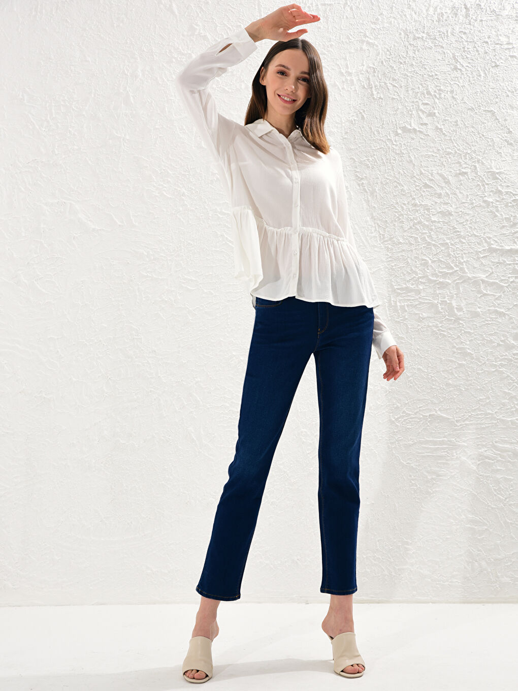 Ekru Uzun Kollu Viskon Kadın Düz Viskon Gömlek-2