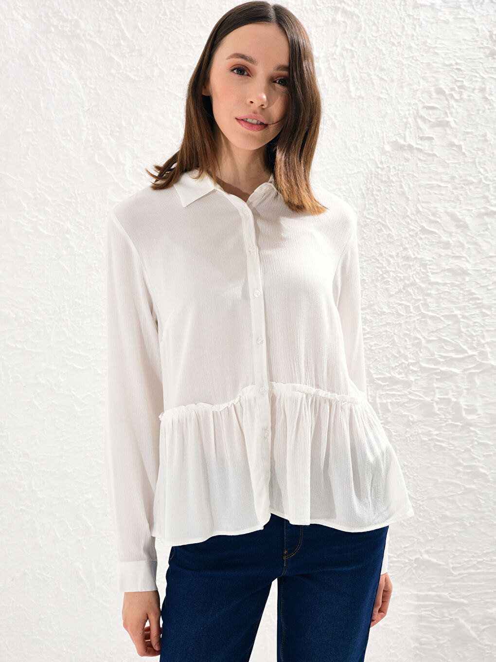 Ekru Uzun Kollu Viskon Kadın Düz Viskon Gömlek