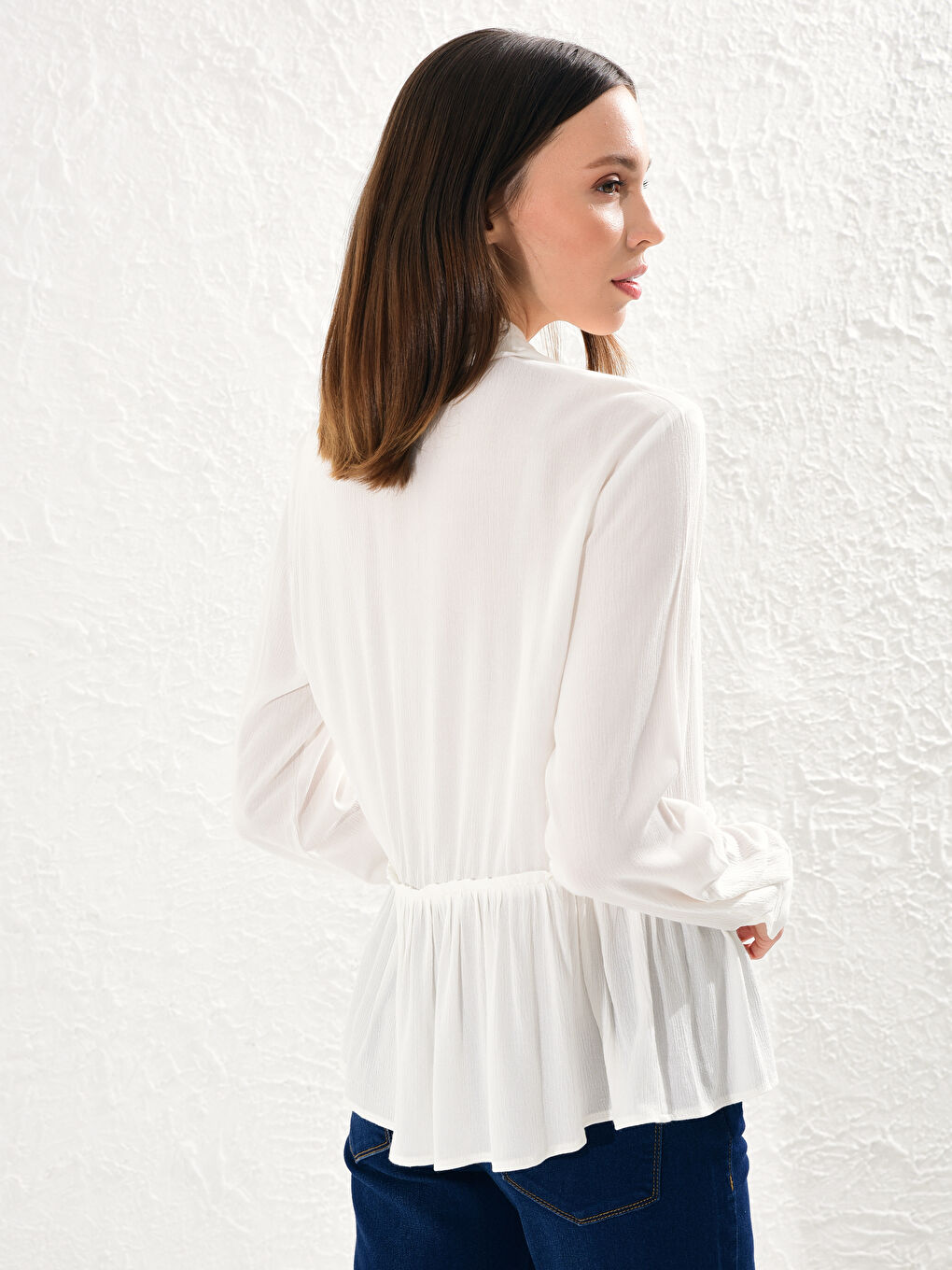 Ekru Uzun Kollu Viskon Kadın Düz Viskon Gömlek-4