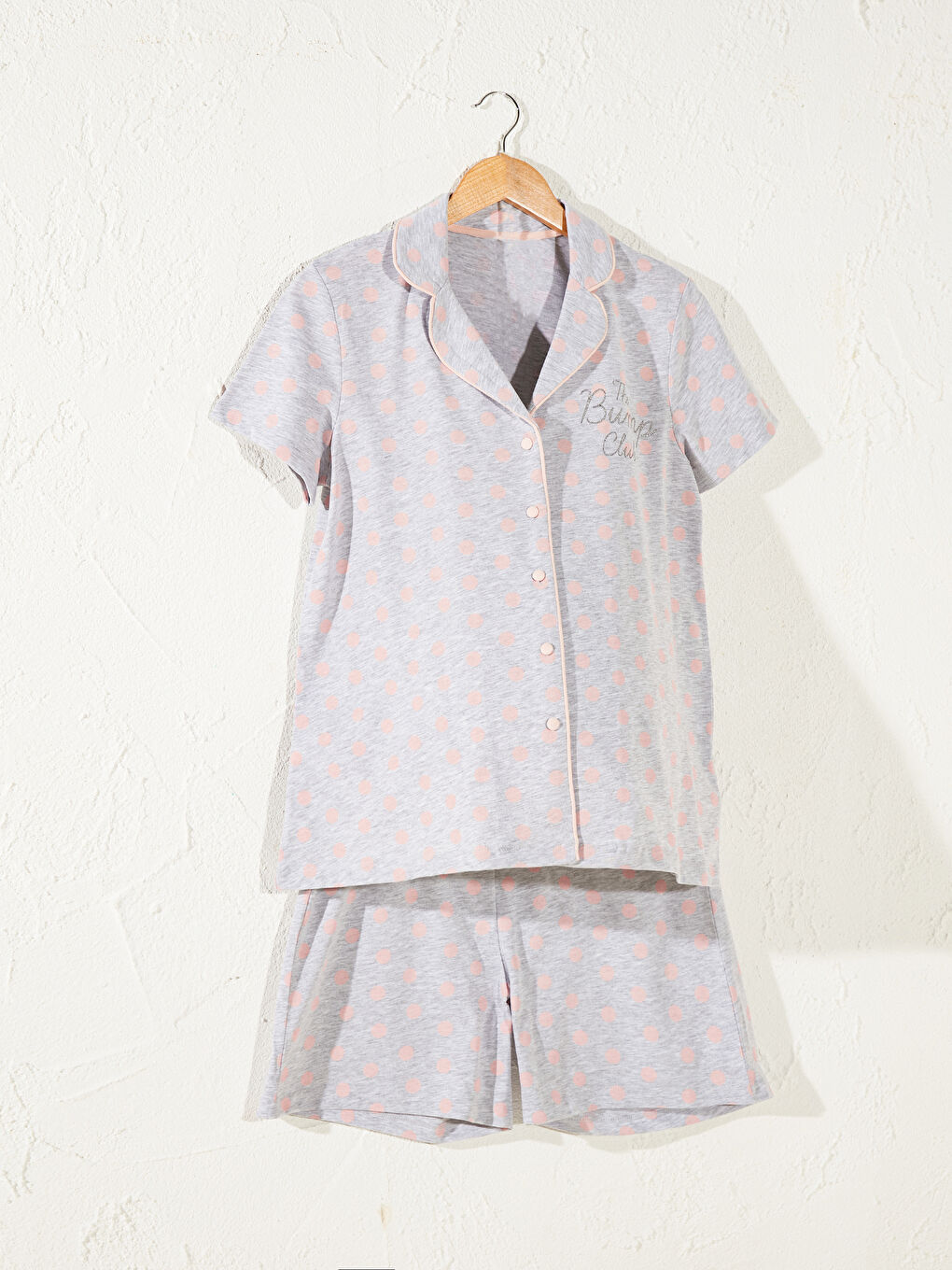 Gri Gömlek Yaka Puantiye Kısa Kollu Kadın Şortlu Pijama Takımı