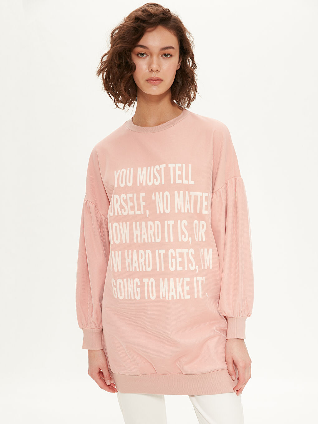 Pembe Bisiklet Yaka Baskılı Uzun Kollu Kadın Tunik