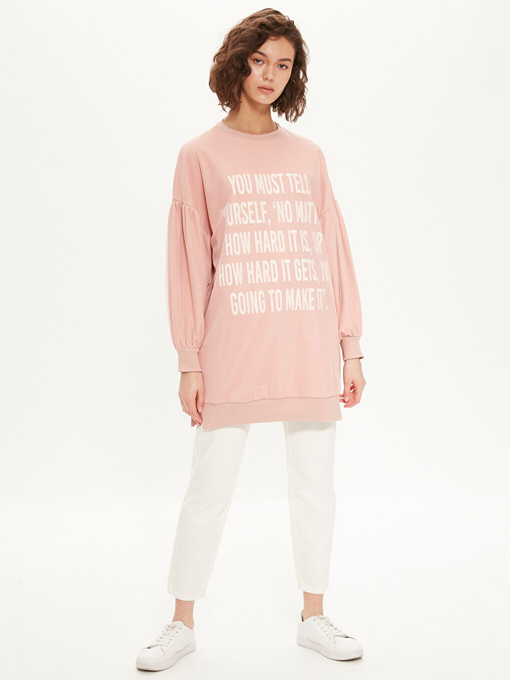 Pembe Bisiklet Yaka Baskılı Uzun Kollu Kadın Tunik-2