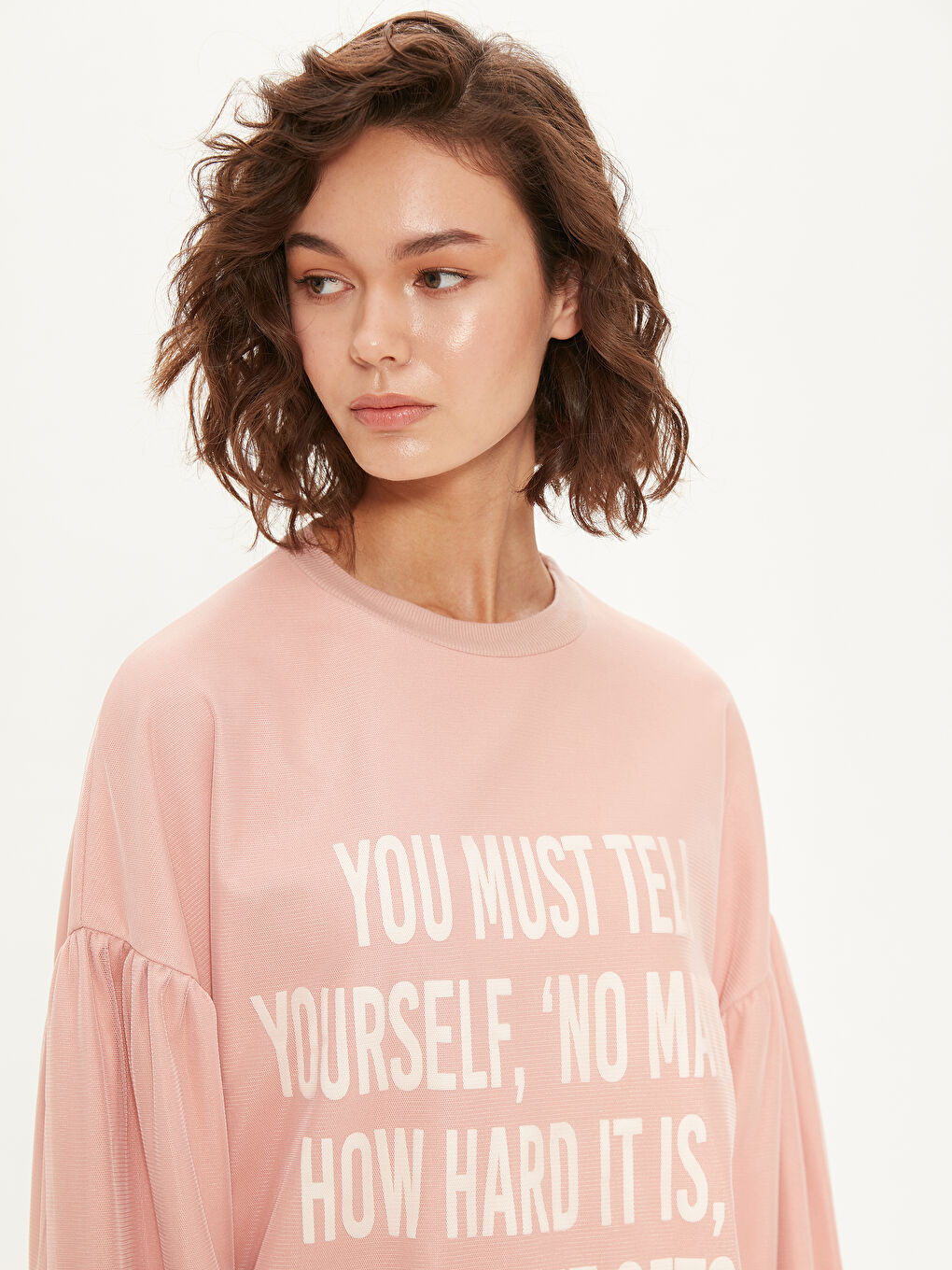 Pembe Bisiklet Yaka Baskılı Uzun Kollu Kadın Tunik-3