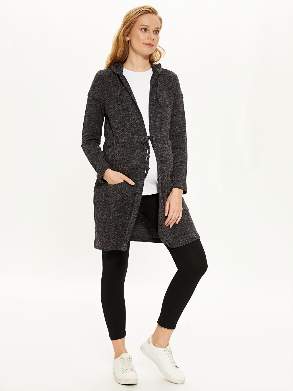 Antrasit Dokulu Kapüşonlu Hamile Hırka-2