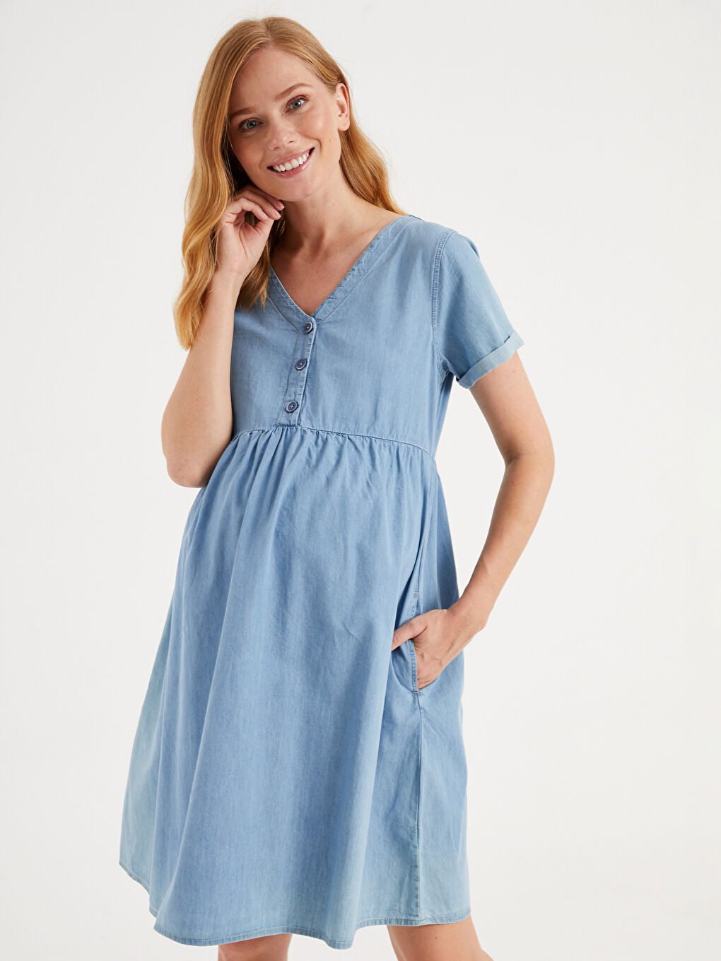 İndigo V Yaka Kısa Kollu Kadın Hamile Jean Elbise-1