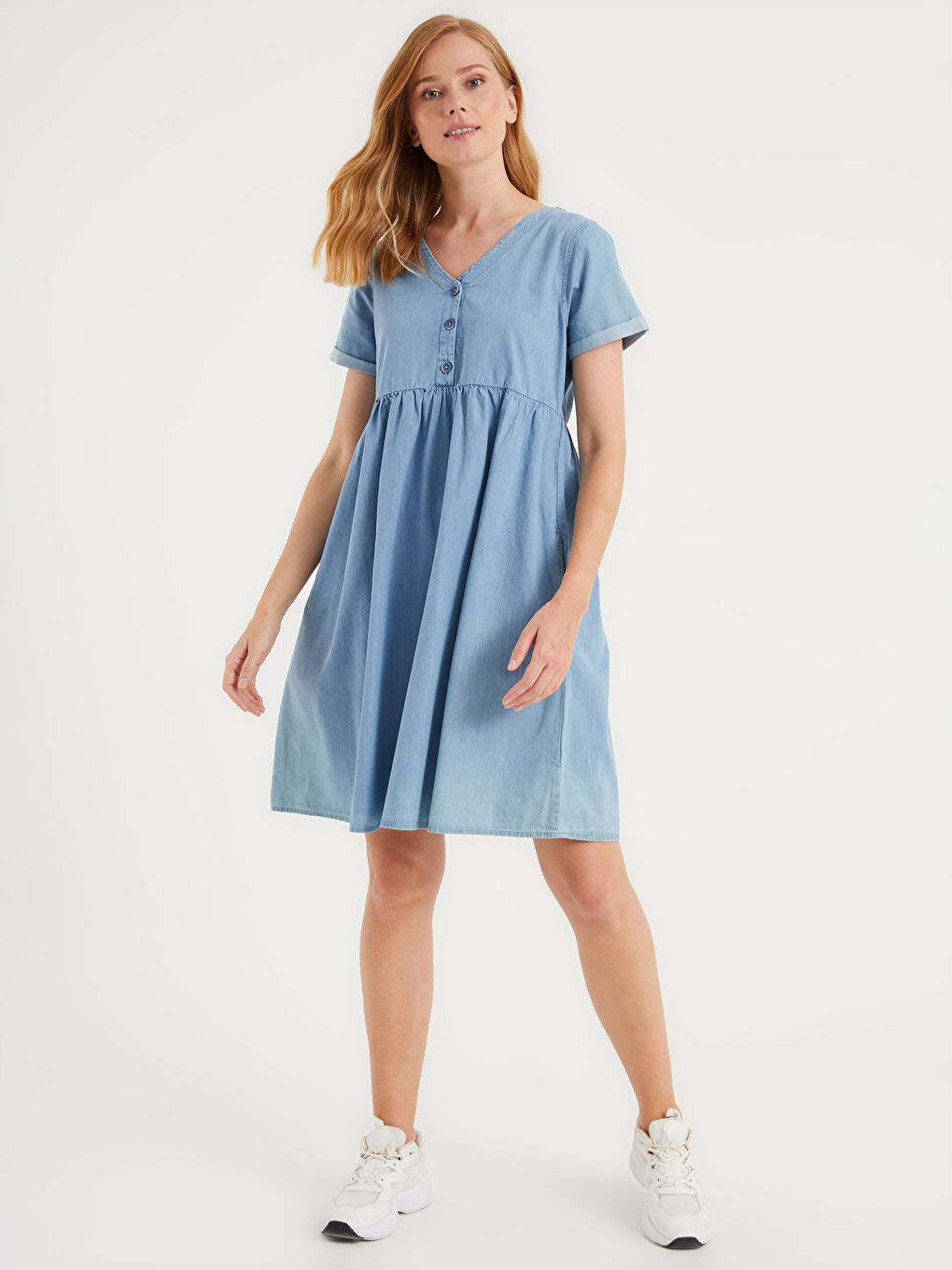 İndigo V Yaka Kısa Kollu Kadın Hamile Jean Elbise-2