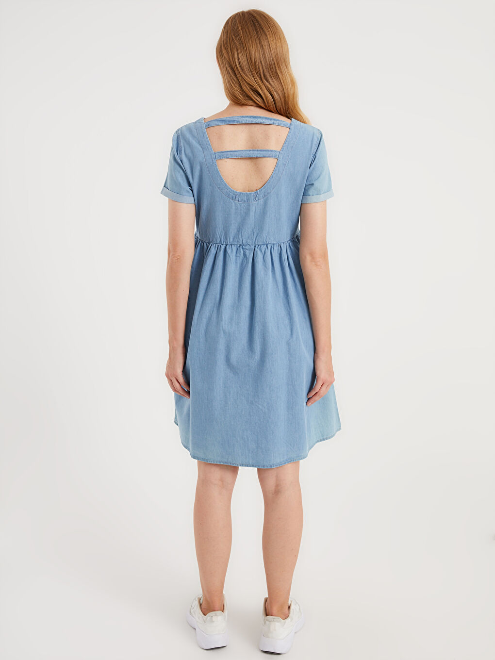 İndigo V Yaka Kısa Kollu Kadın Hamile Jean Elbise-4