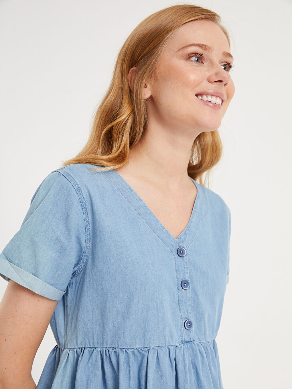 İndigo V Yaka Kısa Kollu Kadın Hamile Jean Elbise-5