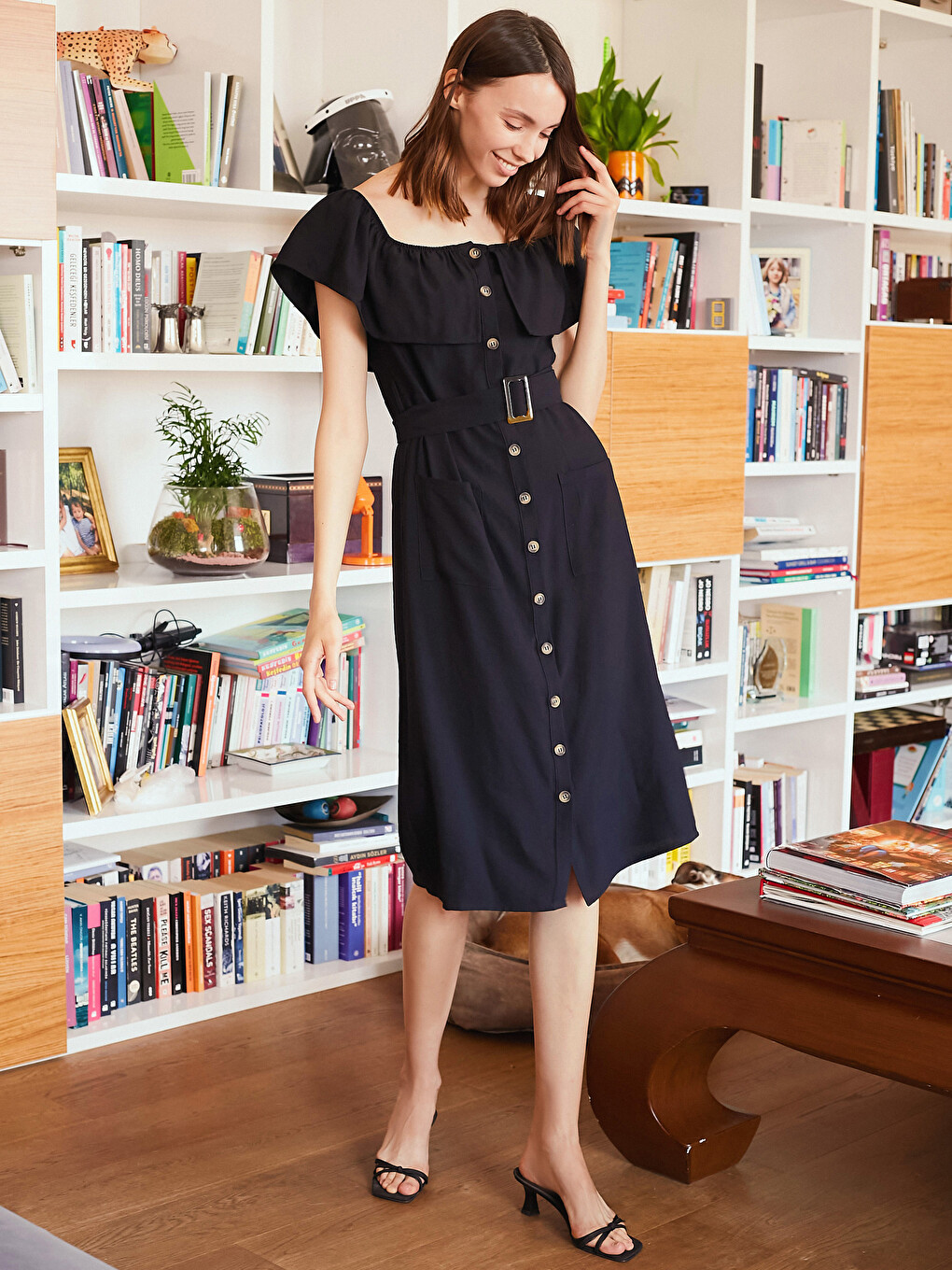 LCW Vision Low Shoulder Belt Viscose Dress - 0SS959Z8-K3W | LC Waikiki
