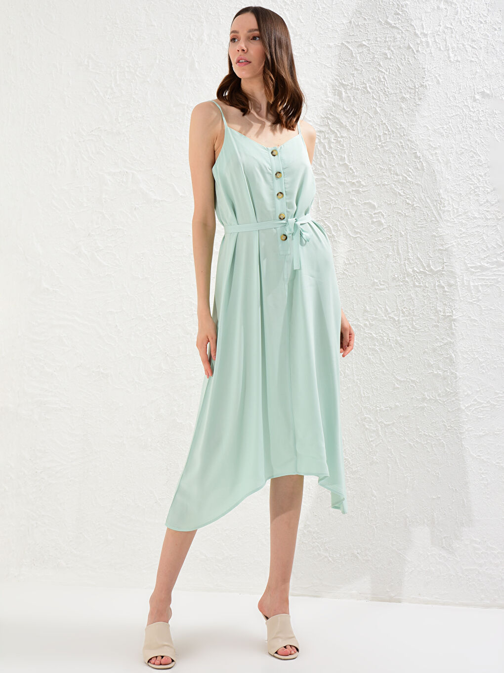 Yeşil Kuşaklı Viskon Elbise