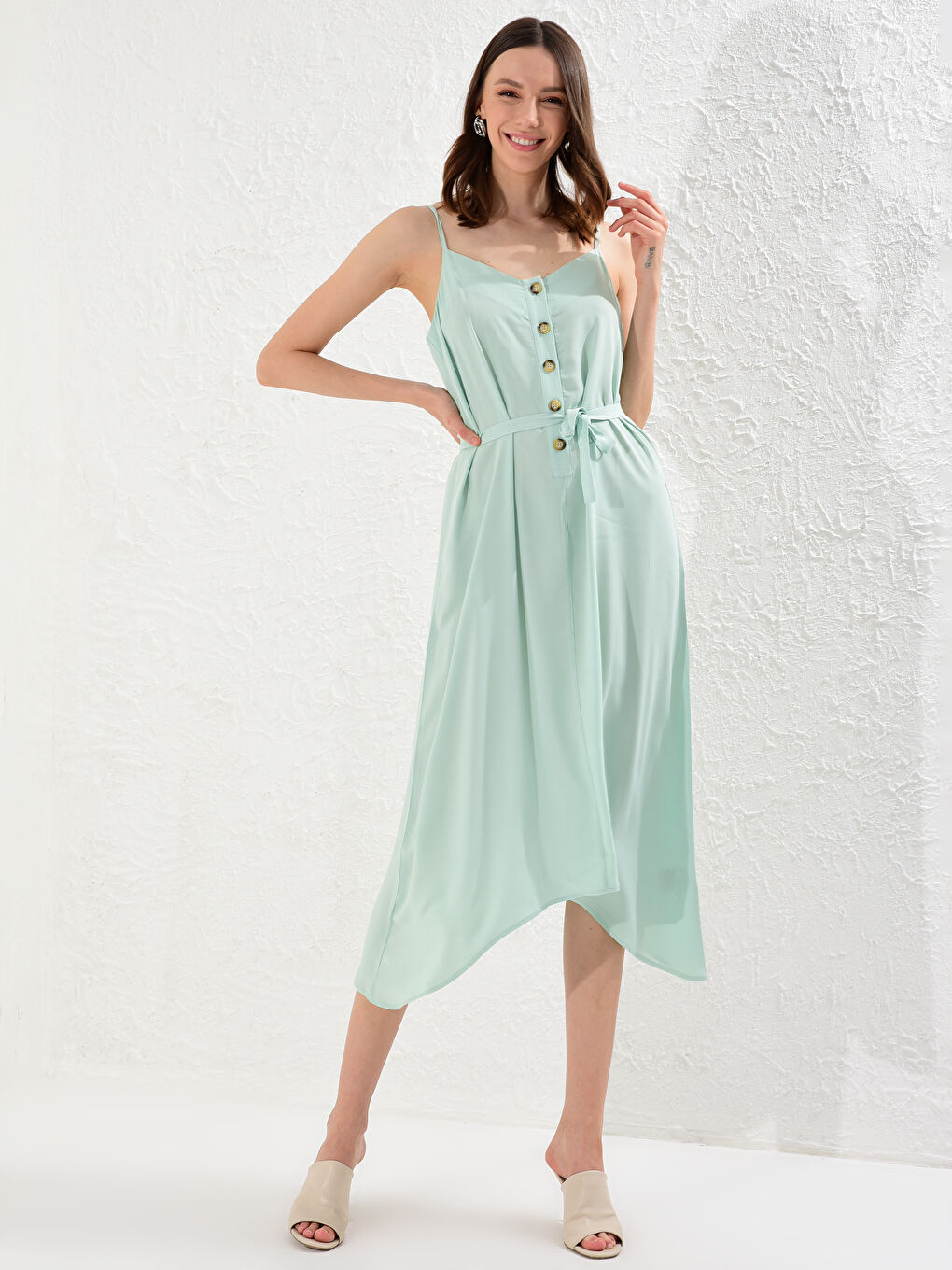 Yeşil Kuşaklı Viskon Elbise-1