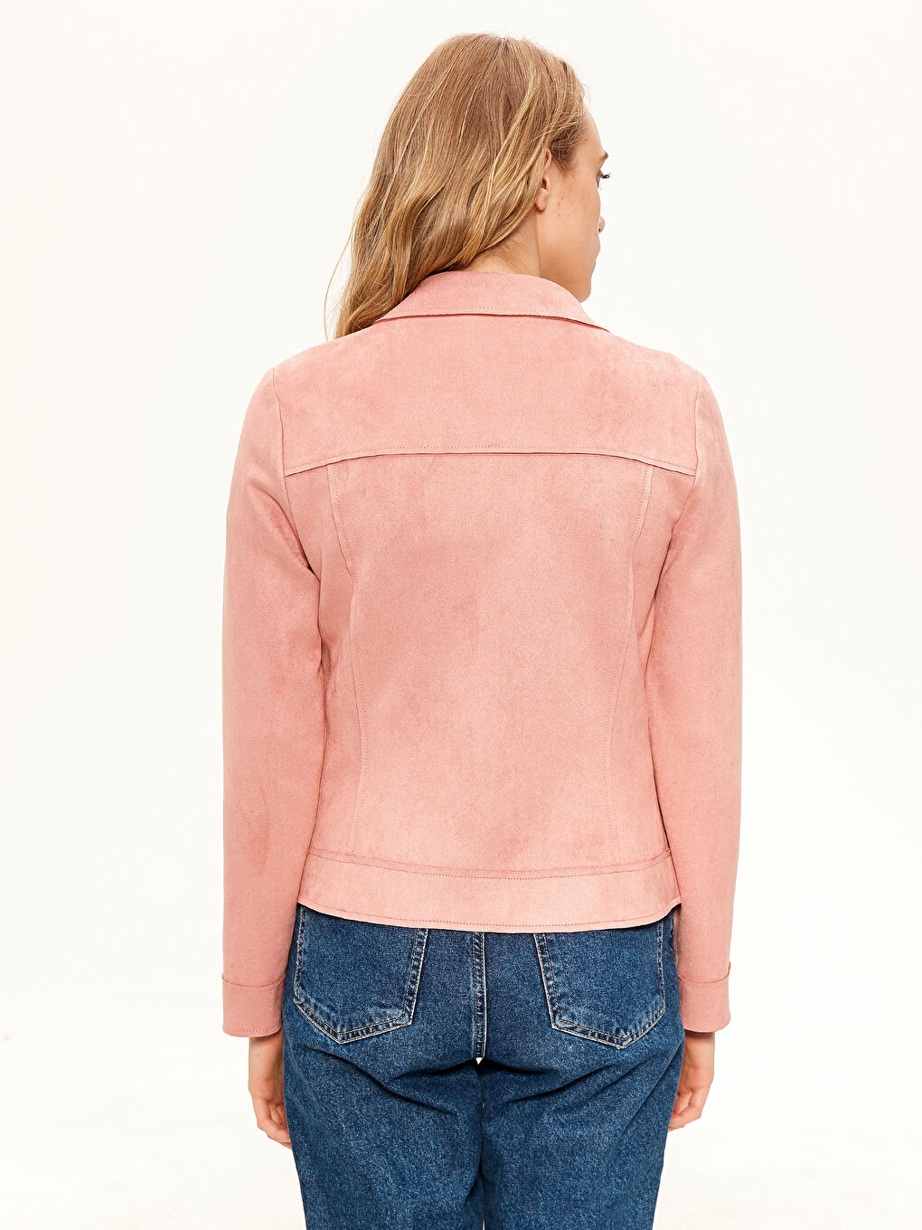 Pembe Uzun Kollu Kadın Deri Görünümlü Mont-2