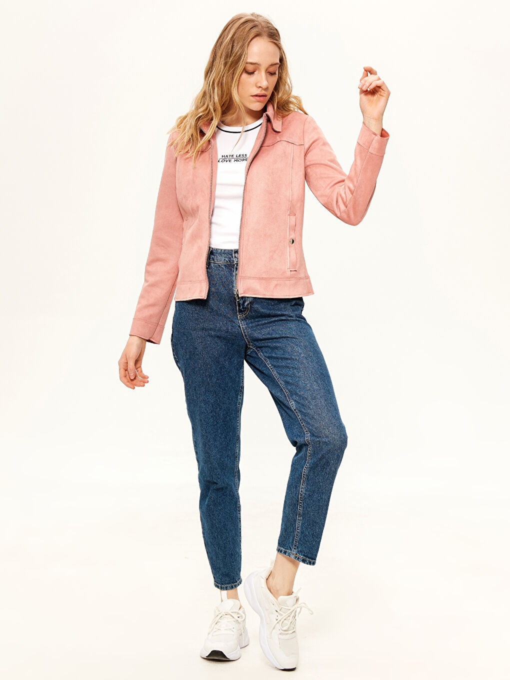 Pembe Uzun Kollu Kadın Deri Görünümlü Mont-3